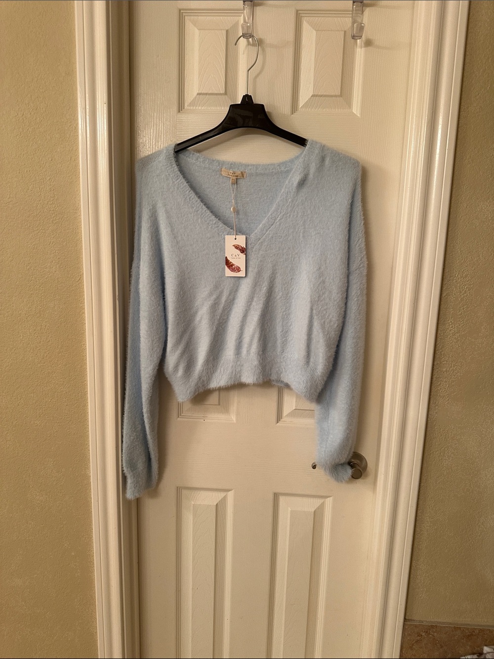Chelsea & Violet Light Blue V-Neck Fuzzy Crop Sweater